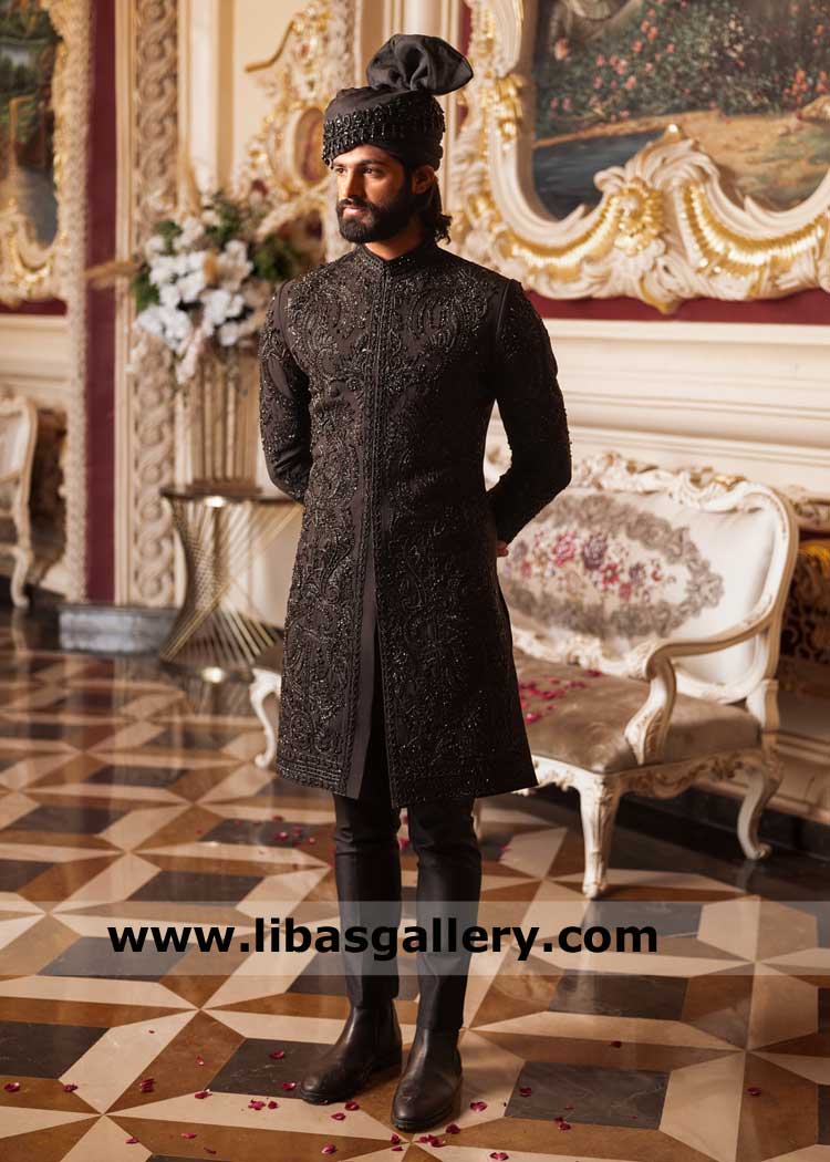 Groom Wedding Sherwani Jet Black with heavy hand embellishment, Zardozi and Swarovski work Black Sherwani for nikah Edmond,Seattle,Beaumont,USA Groom Wedding Sherwani Jet Black with heavy hand embellishment, Zardozi and Swarovski work Black Sherwani for nikah Edmond,Seattle,Beaumont,USA