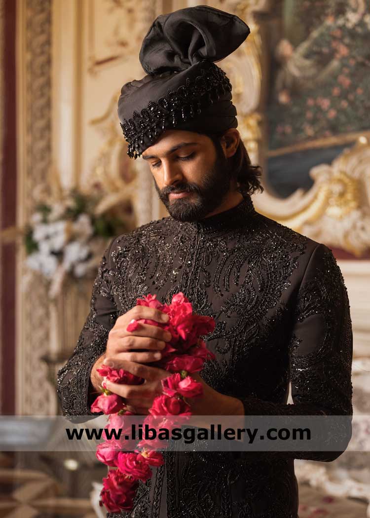 Jet Black Embellished Groom Wedding Sherwani