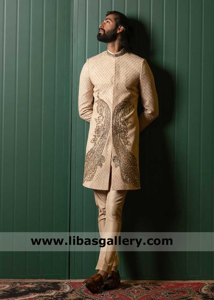 Bisque Hue Groom Sherwani in Raw silk, Groom Nikah Sherwanis in Soft Hue, Hand work Nikah Sherwani set Dubai New York Toronto Cardiff Bisque Hue Groom Sherwani in Raw silk, Groom Nikah Sherwanis in Soft Hue, Hand work Nikah Sherwani set Dubai New York Toronto Cardiff