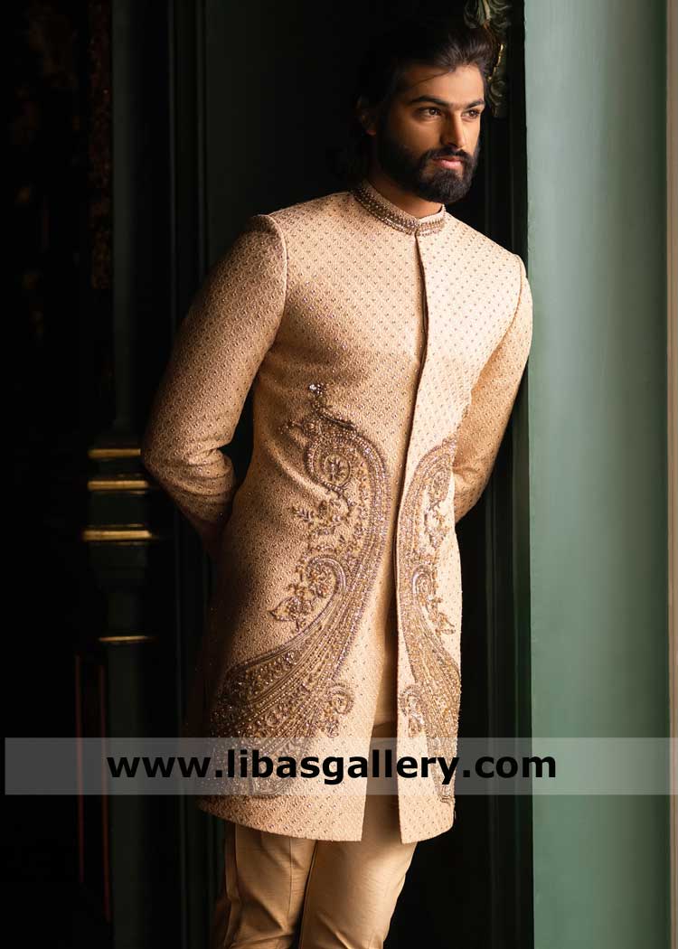 Bisque Hue Old School Groom Nikah Sherwani