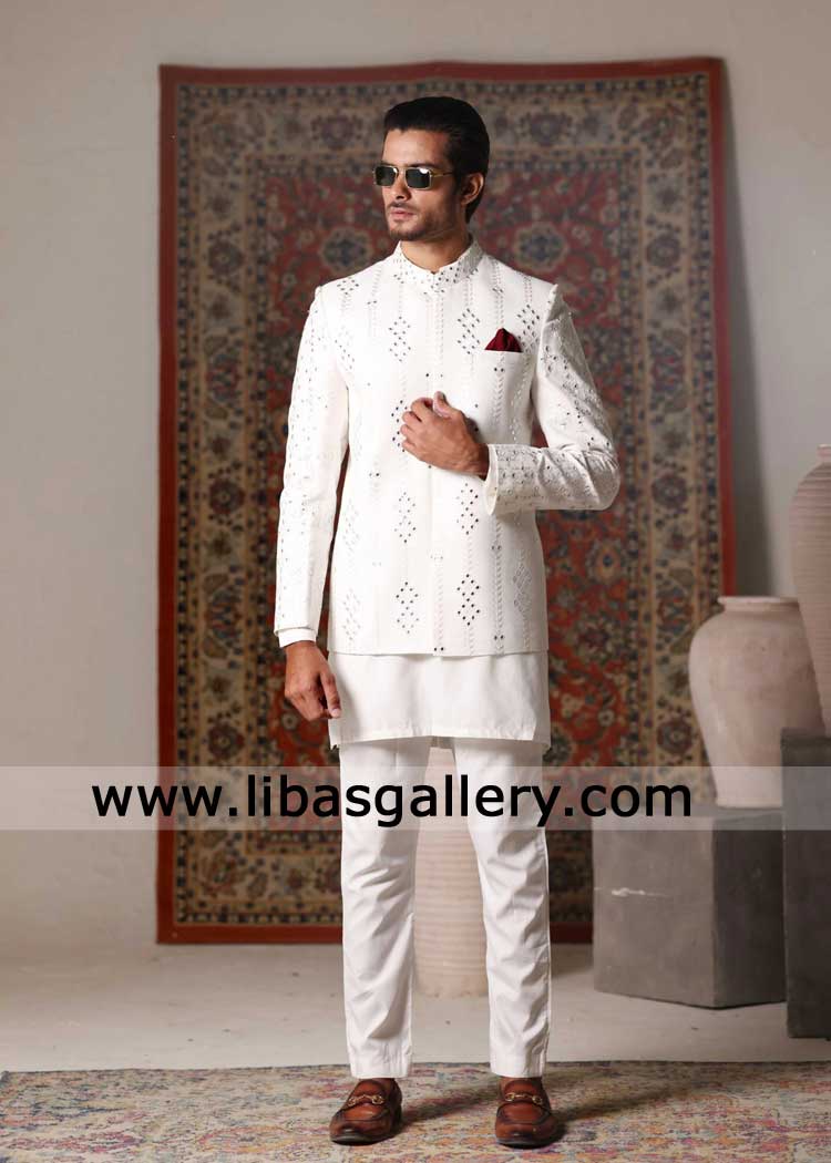 white embroidered men prince coat for occasion refined style and crafted from premium fabric paired with inner Phoenix Dubai Birmingham Sydney