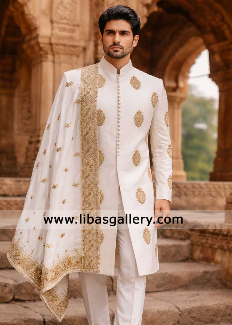 White Groom Shawl with Intricate Gold Embroidery for nikah
