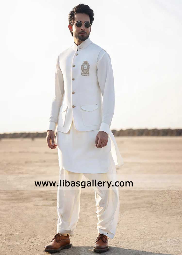 off White waistcoat for men with pocket embroidery 