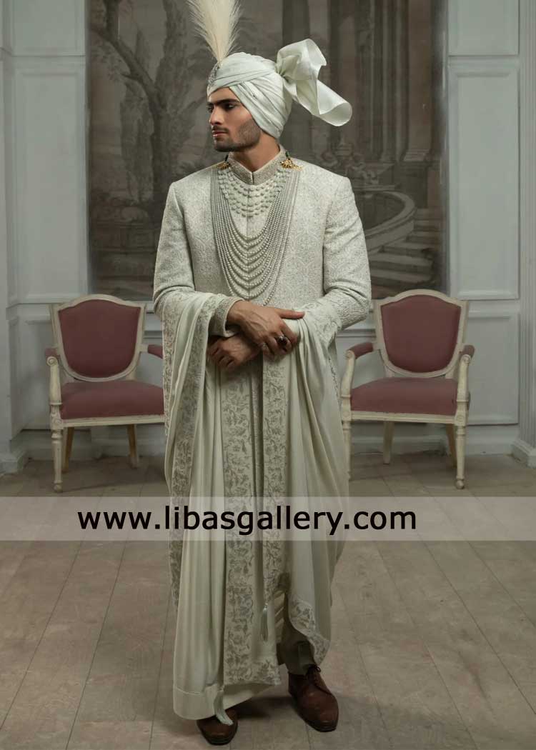 white romantic sherwani with grandeur pearl hand embellishment catches the light paired shawl turban shoes UK USA Canada Dubai Australia