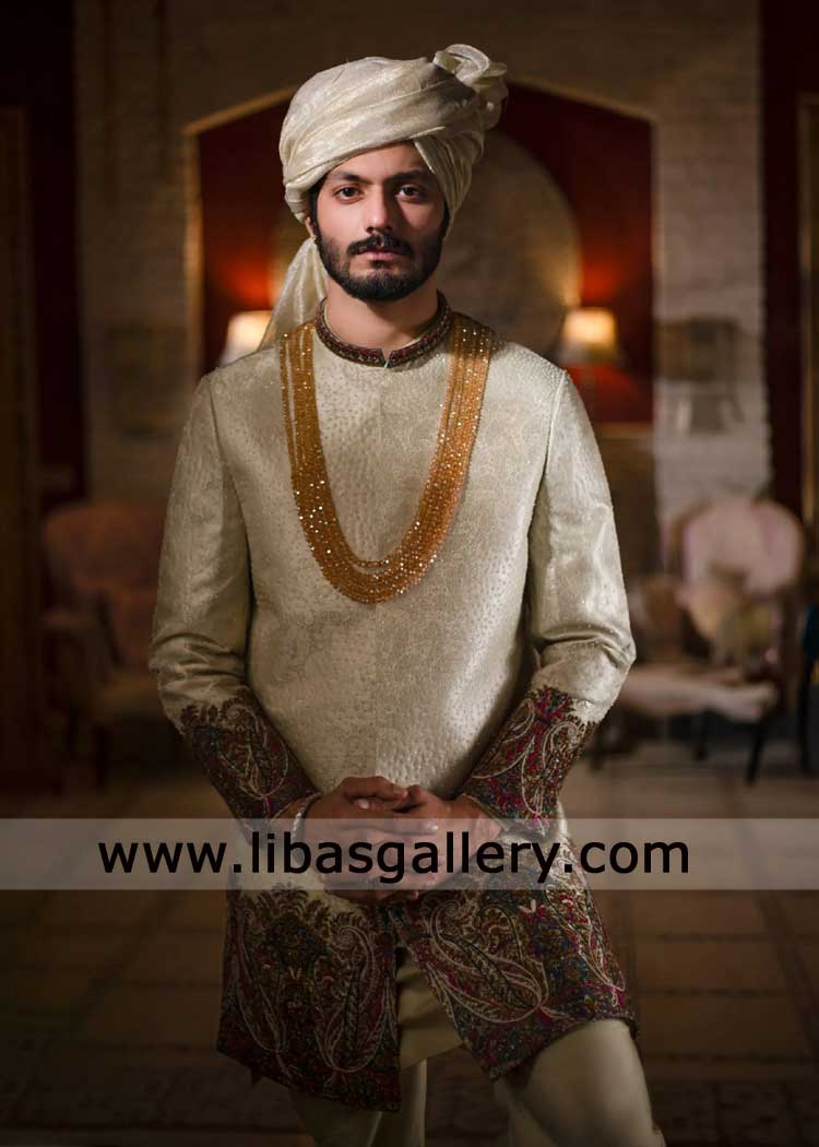 Self Woven Fabric White Multi color Embellished Sherwani