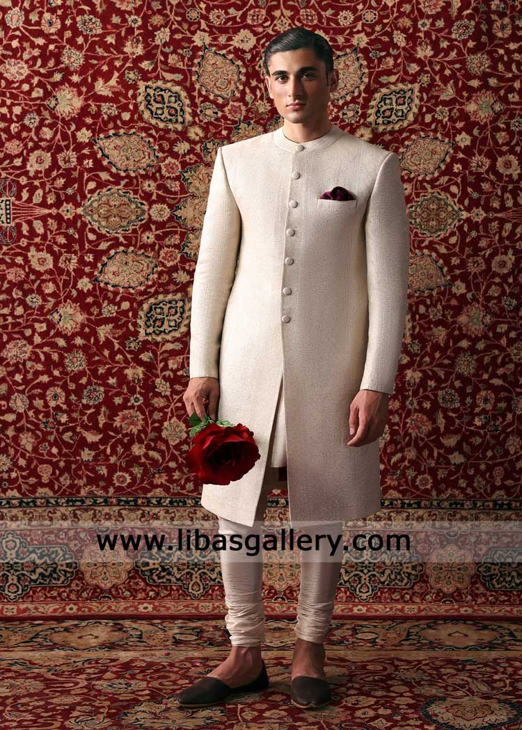 White Silver Groom Textured Zari Fabric Wedding Sherwani
