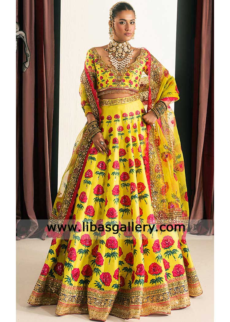 Yellow printed and embellished lehenga choli for mehndi
